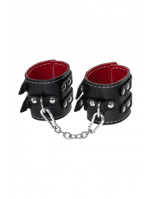 Черные кожаные наручники с двумя ремнями и красной подкладкой - Pecado - купить с доставкой в Туле