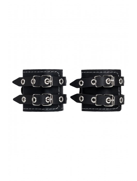 Черные кожаные наручники с двумя ремнями и красной подкладкой - Pecado - купить с доставкой в Туле
