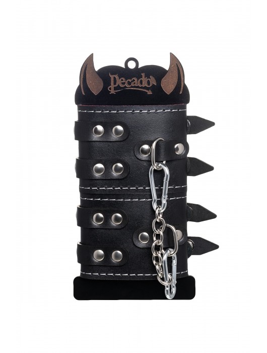 Черные кожаные наручники с двумя ремнями и красной подкладкой - Pecado - купить с доставкой в Туле