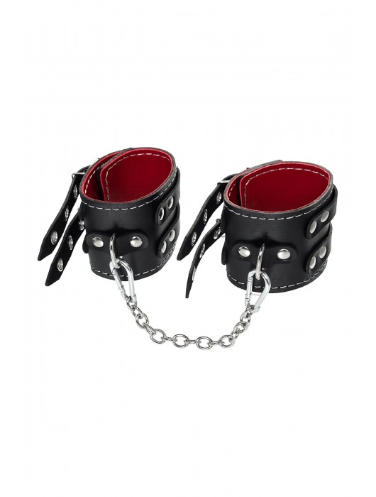 Черные кожаные оковы с двумя ремнями и красной подкладкой - Pecado - купить с доставкой в Туле