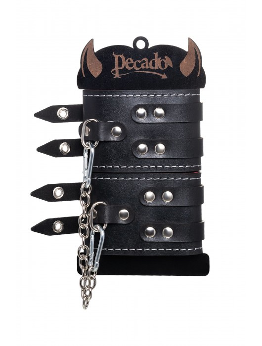 Черные кожаные оковы с двумя ремнями и красной подкладкой - Pecado - купить с доставкой в Туле