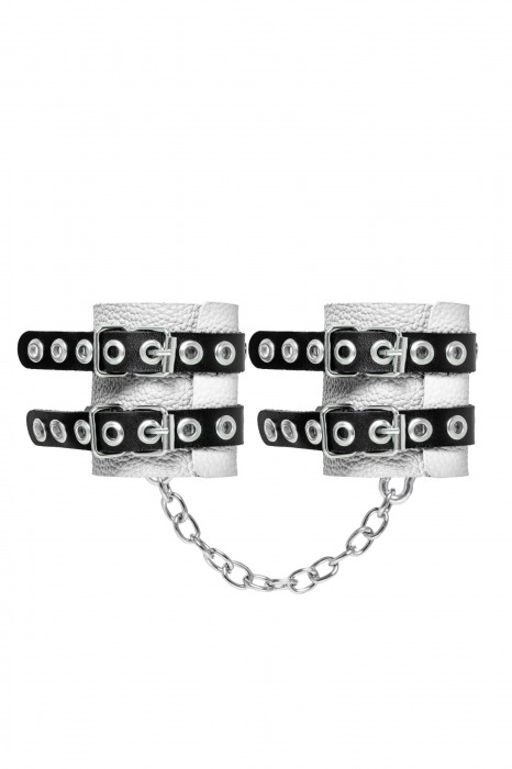 Бело-черные наручники с двумя ремешками и люверсами - Pecado - купить с доставкой в Туле