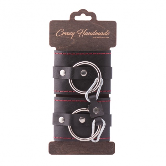 Черные однослойные кожаные наручники с контрастной строчкой - Crazy Handmade - купить с доставкой в Туле