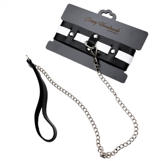 Черно-белый кожаный ошейник с поводком-цепочкой - Crazy Handmade - купить с доставкой в Туле