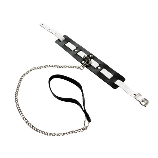 Черно-белый кожаный ошейник с поводком-цепочкой - Crazy Handmade - купить с доставкой в Туле