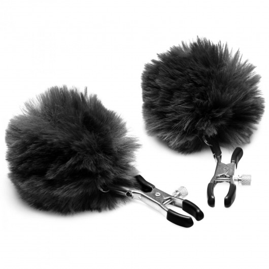 Зажимы для сосков с черным помпонами Pom Pom Nipple Clamps - XR Brands - купить с доставкой в Туле
