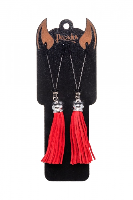 Зажимы на соски «Вилки» с красными кисточками из замши - Pecado - купить с доставкой в Туле