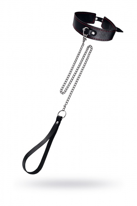 Кожаный двухслойный ошейник с красной строчкой и поводком - Pecado - купить с доставкой в Туле