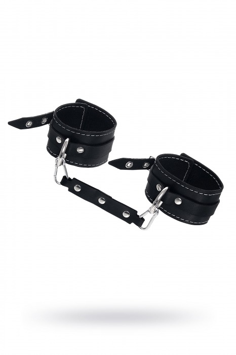 Черные двухслойные кожаные оковы с белой строчкой - Pecado - купить с доставкой в Туле