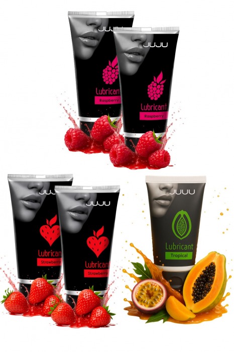 Набор из 5 съедобных лубрикантов JUJU (клубника х 2, малина х 2, тропические фрукты) - JuJu - купить с доставкой в Туле