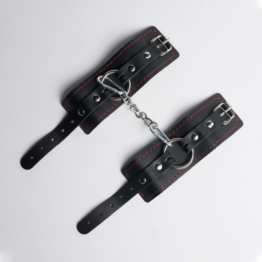 Черные кожаные наручники с красной строчкой - Crazy Handmade - купить с доставкой в Туле