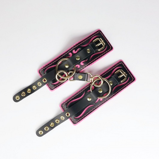 Черные кожаные наручники с розовой строчкой - Crazy Handmade - купить с доставкой в Туле