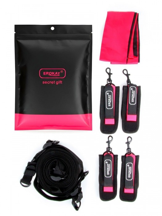 Черно-розовый эротический набор: фиксатор, оковы, наручники, повязка - Erokay - купить с доставкой в Туле