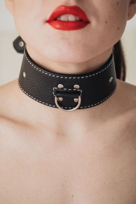 Черный кожаный ошейник с петлёй для поводка - БДСМ Арсенал - купить с доставкой в Туле