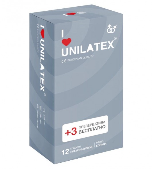 Презервативы с рёбрами Unilatex Ribbed - 12 шт. + 3 шт. в подарок - Unilatex - купить с доставкой в Туле
