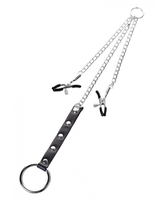 Серебристо-чёрные зажимы для сосков с кольцом для пениса TOYFA Metal - ToyFa - купить с доставкой в Туле